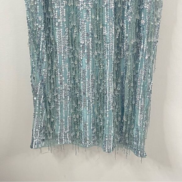 Mac Duggal 5980 Size 8 High Neck Crystal Fringe French Blue Beaded Column Dress - Picture 8 of 13